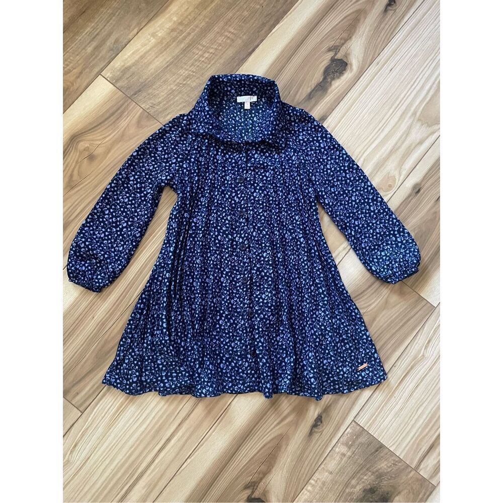 Tahari Girls Navy Blue Longsleeve Pleated Button Up Floral Dress - 4